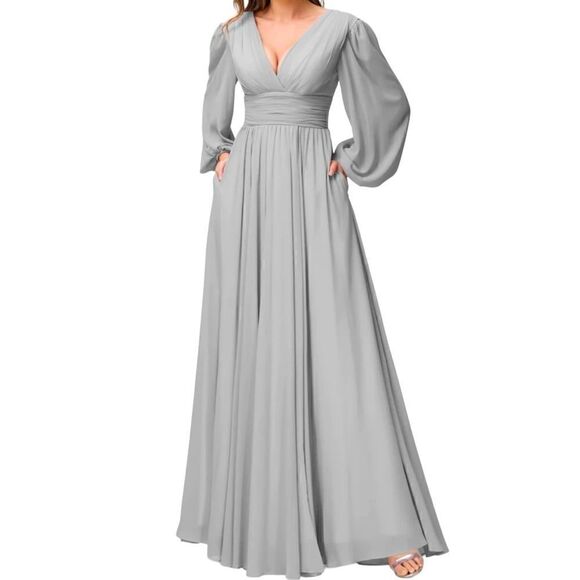 Lavetir Silver Chiffon V-Neck Long Formal A-Line Dress Lace Up Back Size Small - Picture 2 of 14